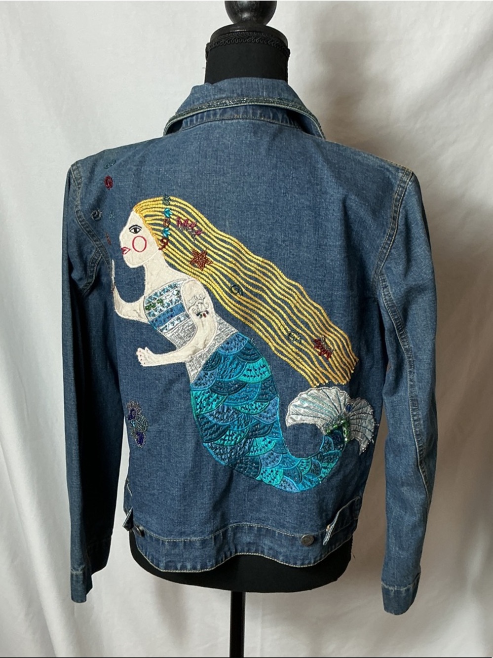Chico's Blue Denim Jean Jacket with Colorful Mermaid Embroidery